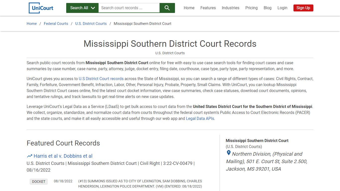 Mississippi Southern District Court Records | PACER Case Search | UniCourt